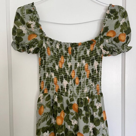 Reformation Inka Midi Smocked Dress in Orange Grove | Size XS - Picture 2 of 9